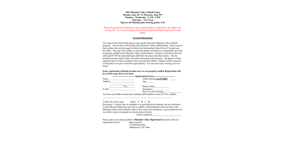 Minisink Varsity Softball Camp! 